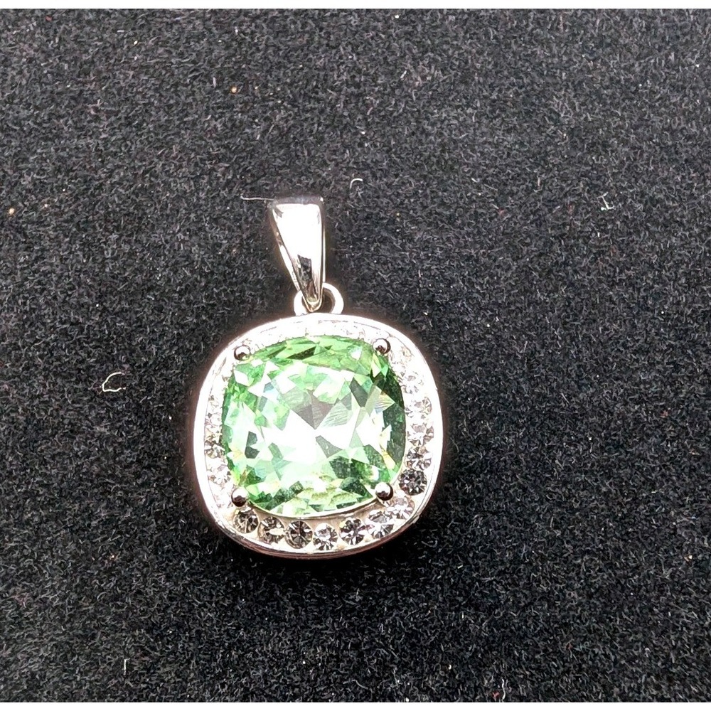 Green Cushion Cut Halo Pendant Silver Tone Filigree Accents Vintage Style